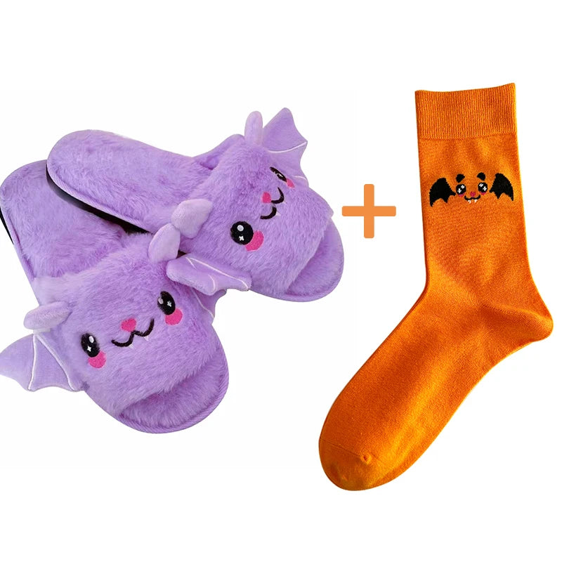 Halloween New Bat Slippers Women Plush Shoes Lightweight Home Silent Fuzzy Slipper Men Flip Flops Cartoon Kid Adults Flat Slides