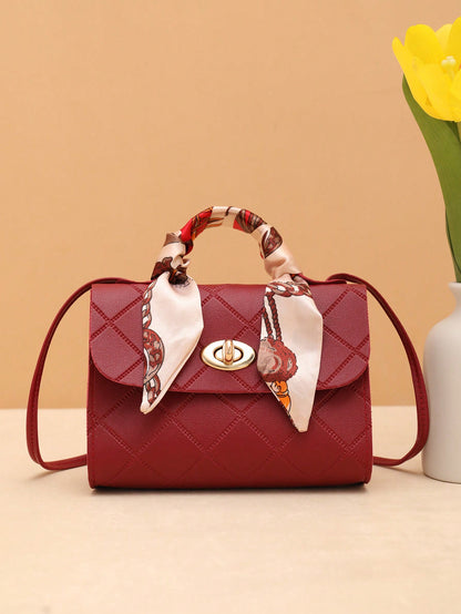 Bow Decor, Silk Scarf Decorated Small Square Bag for Daily Shopping