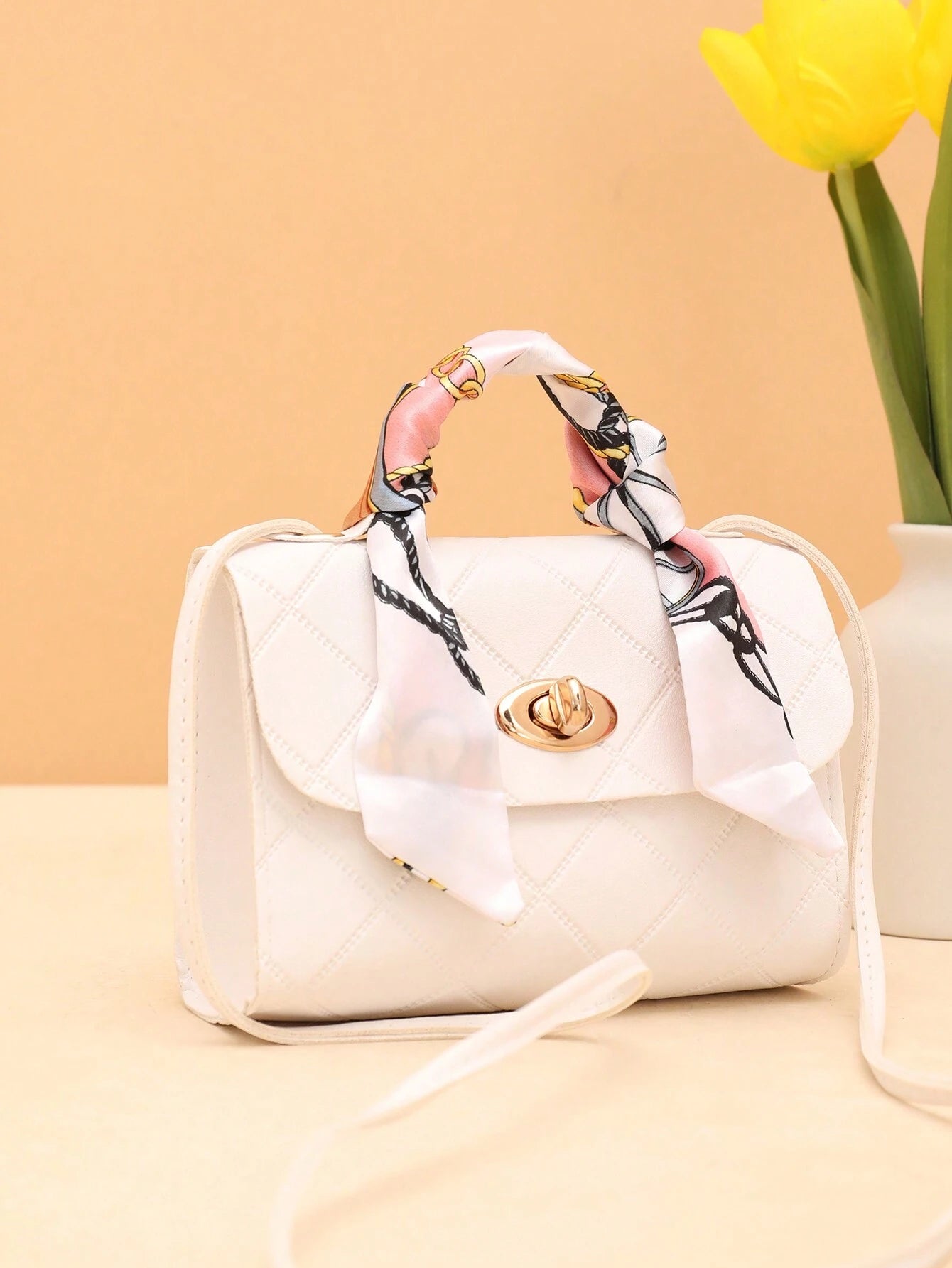 Bow Decor, Silk Scarf Decorated Small Square Bag for Daily Shopping