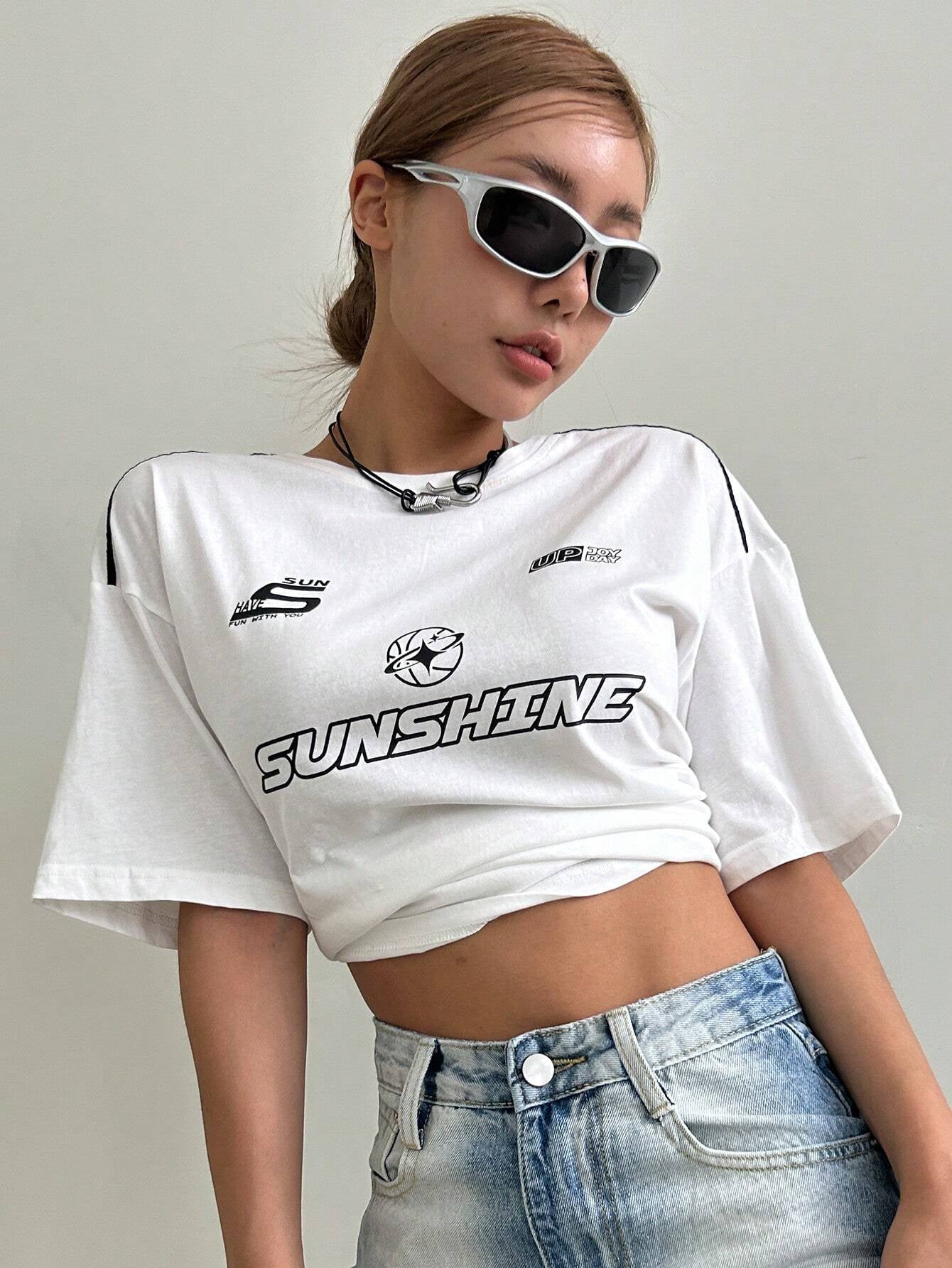 DAZY Summer Casual Loose Short Sleeve T-Shirt with Letter Print