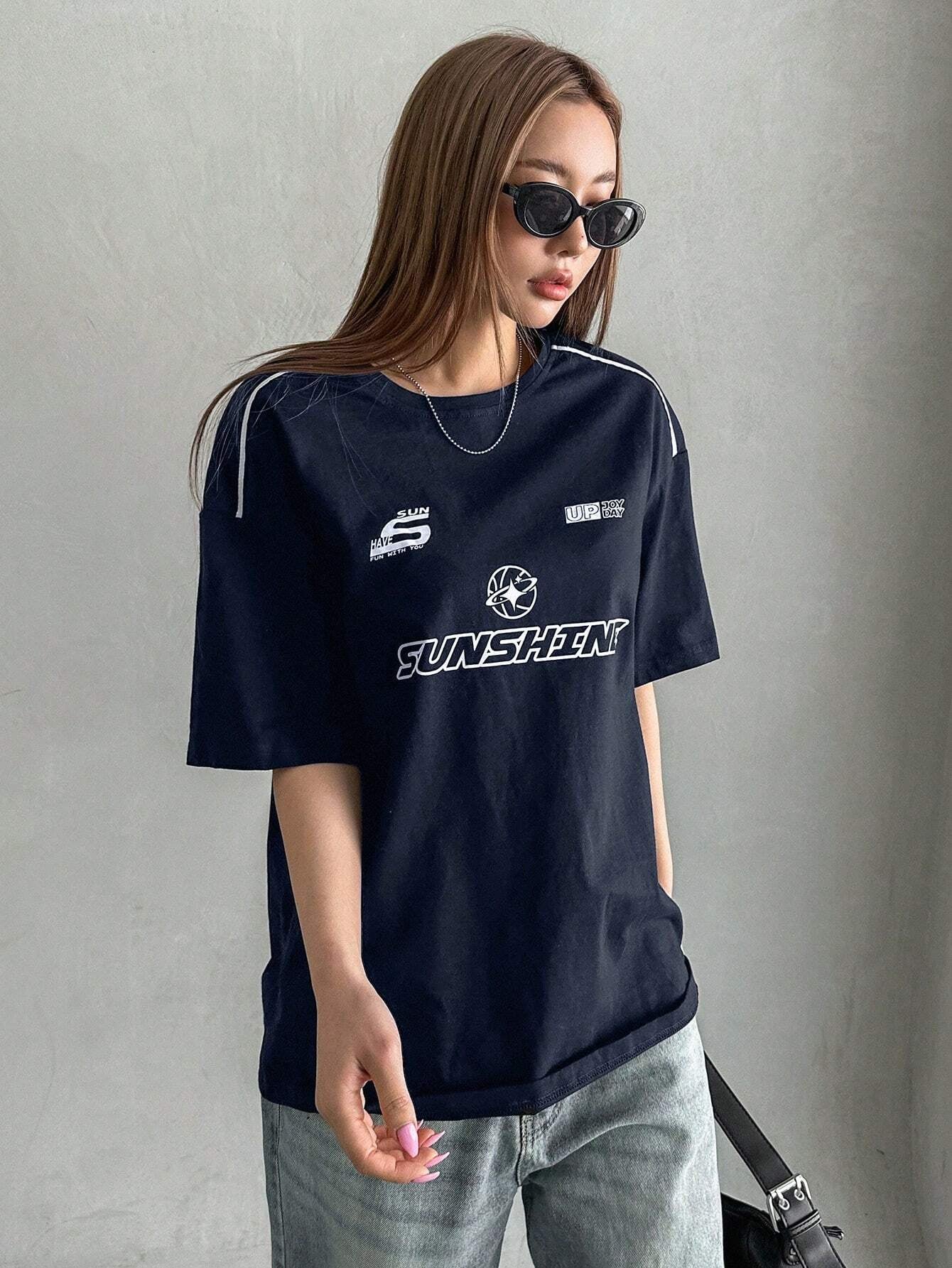 DAZY Summer Casual Loose Short Sleeve T-Shirt with Letter Print