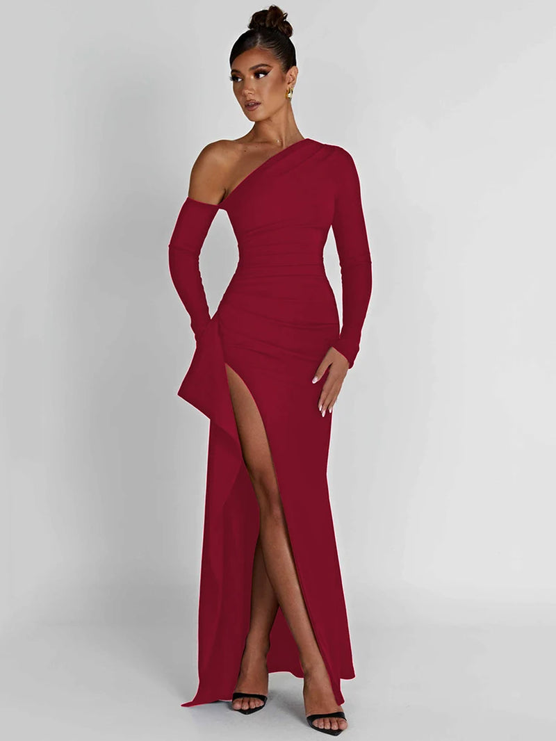 Oblique Shoulder Thigh High Split Maxi Dress Women Long Sleeve Backless Bodycon Sexy Club Party Long Dress Vestidos