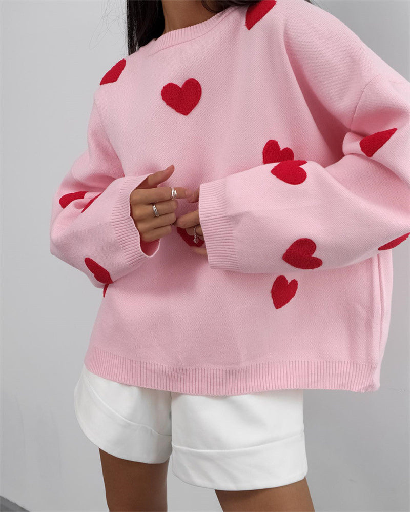 Long Sleeve Loose Heart-Shaped round Neck Sweater for Women Autumn and Winter