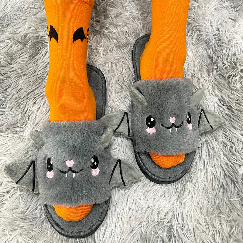 Halloween New Bat Slippers Women Plush Shoes Lightweight Home Silent Fuzzy Slipper Men Flip Flops Cartoon Kid Adults Flat Slides