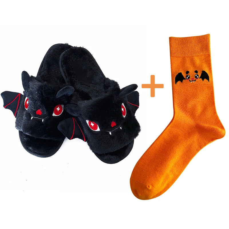 Halloween New Bat Slippers Women Plush Shoes Lightweight Home Silent Fuzzy Slipper Men Flip Flops Cartoon Kid Adults Flat Slides