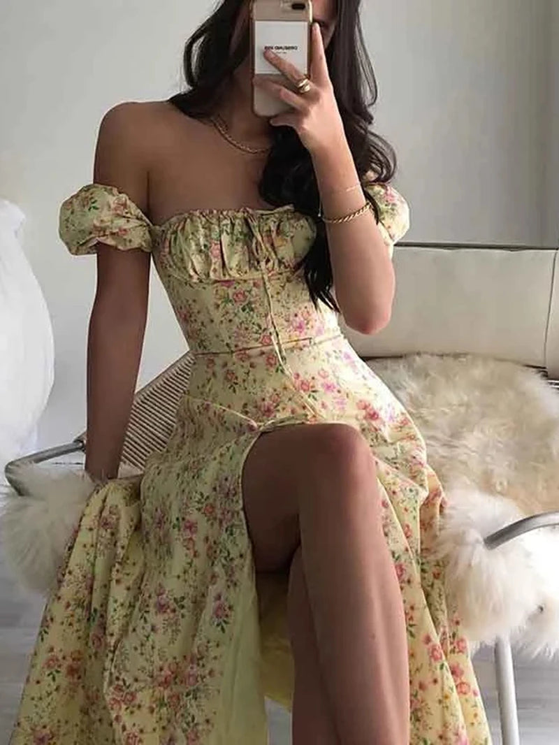 Summer Sexy Floral Print Dress Women Party Long Dresses Puff Short Sleeve Elegant Club Dress Sweet Laides Chic Maxi Dresses