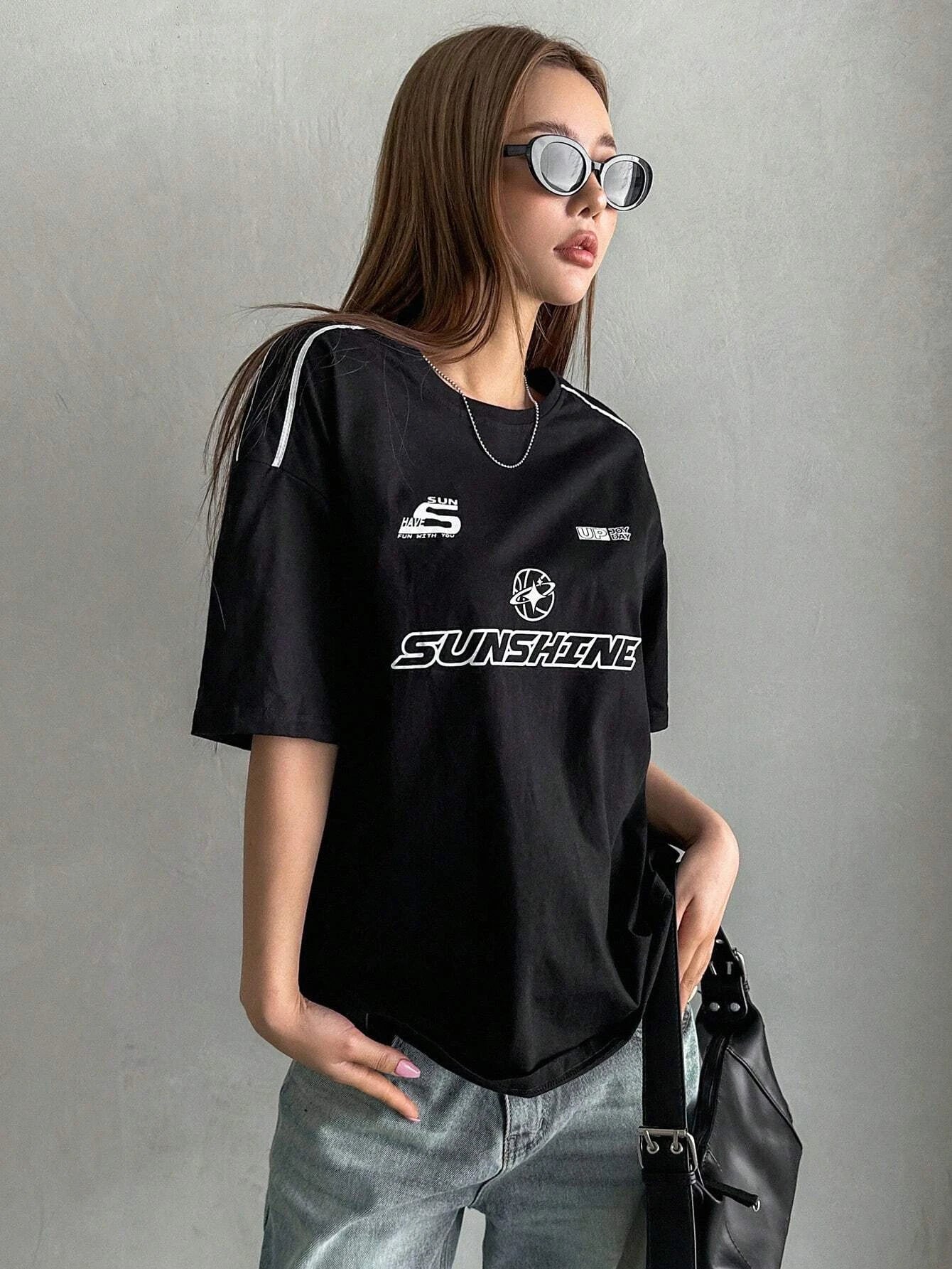 DAZY Summer Casual Loose Short Sleeve T-Shirt with Letter Print