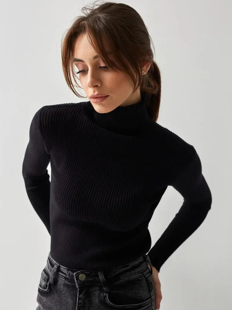 Autumn Slim Fit High Collar Warm Long Sleeve Knitted Wool Sweater Women Clothing Fresh Sweet Style Cotton Material