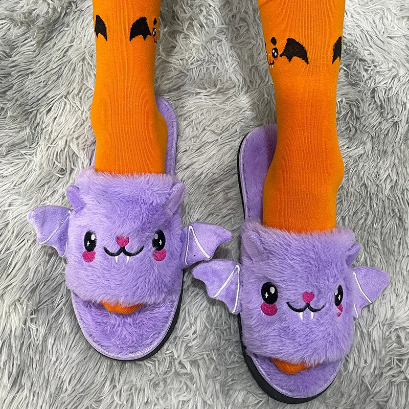 Halloween New Bat Slippers Women Plush Shoes Lightweight Home Silent Fuzzy Slipper Men Flip Flops Cartoon Kid Adults Flat Slides