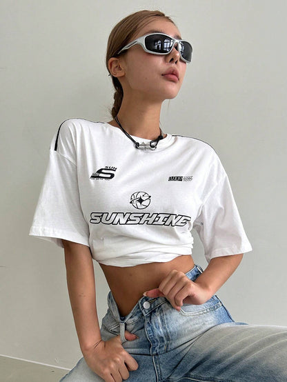 DAZY Summer Casual Loose Short Sleeve T-Shirt with Letter Print